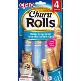 INABA CHURU ROLLS CHICKEN RECIPE WRAPS TUNA WITH SCALLOP RECIPE - CAT TREATS - 4X10 G
