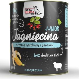 SYTA MICHA MOKRA KARMA DLA SZCZENIĄT JAGNIĘCINA Z CZARNĄ MARCHWIĄ I BANANEM 800G