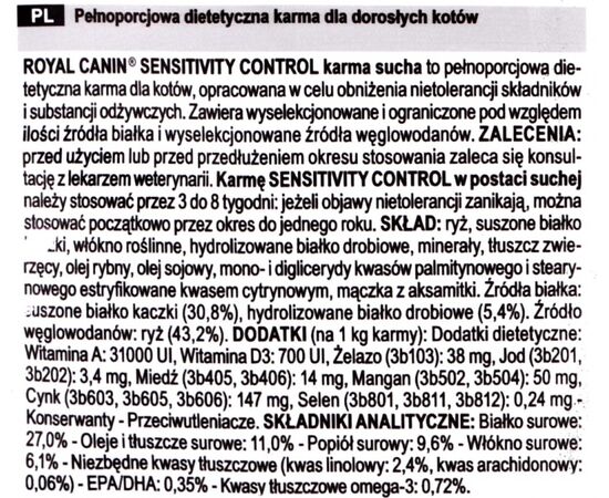 ROYAL CANIN VET SENSITIVITY CONTROL FELINE DRY CAT FOOD DUCK 1,5 KG