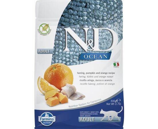 FARMINA N&D OCEAN CAT HERRING, PUMPKIN AND ORANGE ADULT - DRY CAT FOOD - 300 G