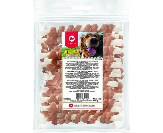 MACED RABBIT WRAPPED RAWHIDE STICKS - DOG CHEW - 500 G