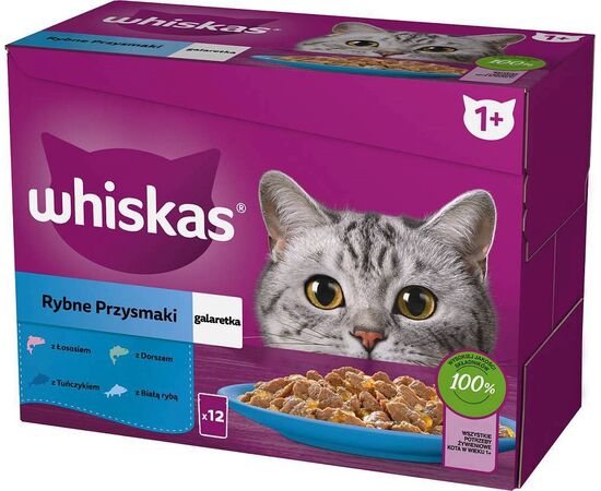 WHISKAS JELLY SACHETS, FLAVOURS: WHITE FISH, COD, SALMON, TUNA - WET CAT FOOD - 12X85G