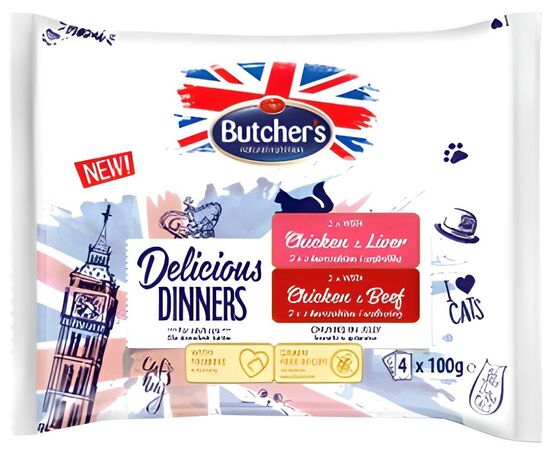 BUTCHER'S DELICIOUS DINNERS CHICKEN WITH LIVER, CHICKEN WITH BEEF   - WET CAT FOOD - 4 X 100G