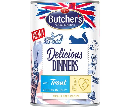 BUTCHER'S DELICIOUS DINNERS PIECES WITH TROUT IN JELLY - WET CAT FOOD - 400G