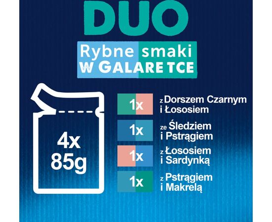 PURINA NESTLE FELIX FANTASTIC DUO- BLACK COD, SALMON, HERRING, TROUT, SALMON, SARDINES, TROUT, MACKEREL IN JELLY - 4X85G