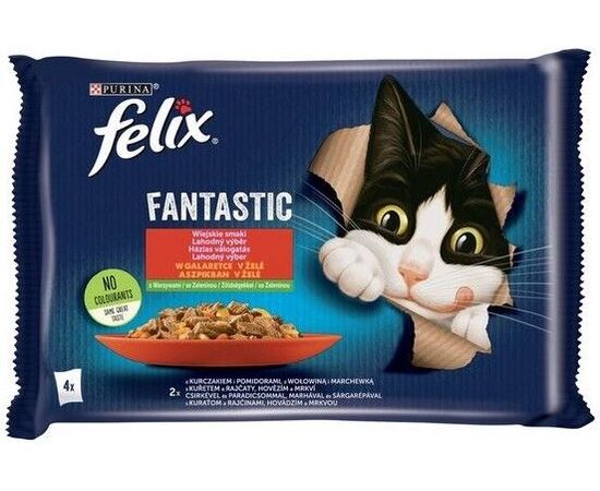 PURINA NESTLE FELIX FANTASTIC COUNTRY FLAVORS MEAT WITH VEGETABLES - CHICKEN WITH TOMATOES, BEEF WITH CARROTS - 340G (4X 85 G)