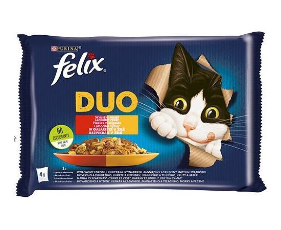PURINA NESTLE FELIX FANTASTIC DUO MEAT - BEEF AND POULTRY, CHICKEN AND KIDNEY, LAMB AND VEAL, TURKEY AND LIVER - 4 X 85G