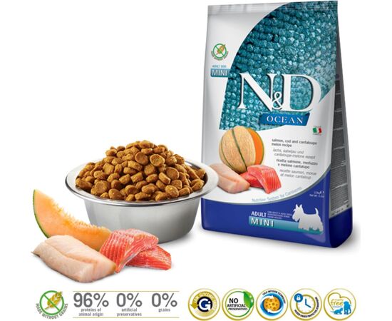 FARMINA N&D OCEAN DOG SALMON, COD, CANTALOUPE, MELON ADULT MINI - DRY DOG FOOD - 2.5 KG