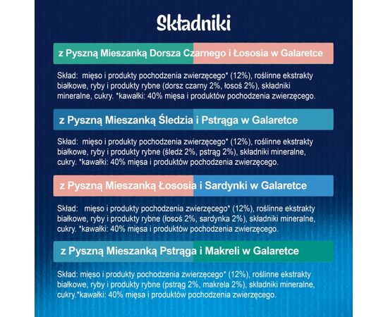 PURINA NESTLE FELIX FANTASTIC DUO- BLACK COD, SALMON, HERRING, TROUT, SALMON, SARDINES, TROUT, MACKEREL IN JELLY - 4X85G