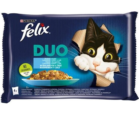 PURINA NESTLE FELIX FANTASTIC DUO- BLACK COD, SALMON, HERRING, TROUT, SALMON, SARDINES, TROUT, MACKEREL IN JELLY - 4X85G