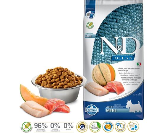 FARMINA N&D OCEAN DOG SALMON, COD, CANTALOUPE, MELON ADULT MINI - DRY DOG FOOD - 7 KG