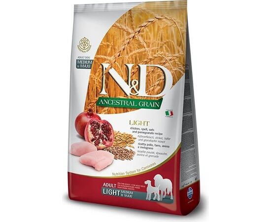 FARMINA N&D ANCESTRAL GRAIN DOG LIGHT - CHICKEN. SPELT.OATS AND POMEGRANATE ADULT MEDIUM & MAXI 12KG