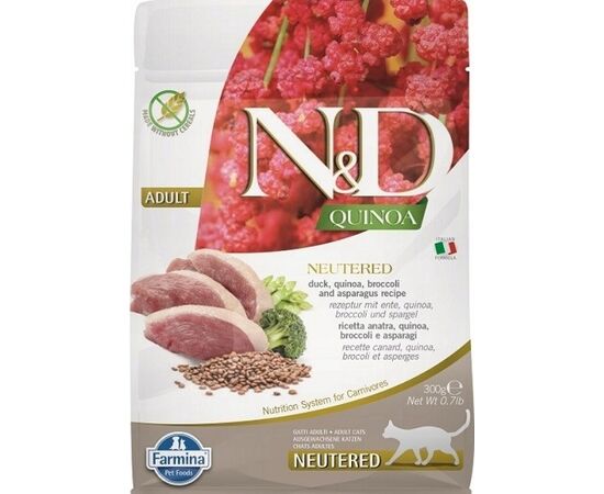 FARMINA N&D QUINOA CAT DUCK, BROCCOLI, ASPARAGUS NEUTERED ADULT  - DRY CAT FOOD - 300 G