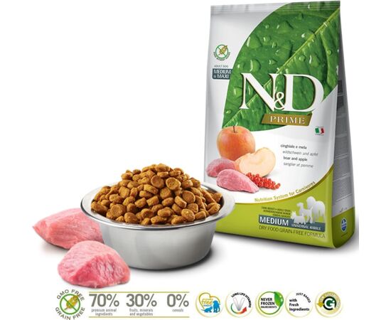 FARMINA N&D PRIME DOG WILD BOAR AND APPLE ADULT MEDIUM & MAXI  12 KG