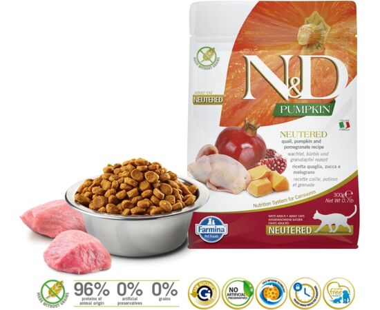 FARMINA N&D PUMPKIN CAT QUAIL AND POMEGRANATE NEUTERED ADULT - DRY CAT FOOD - 300 G