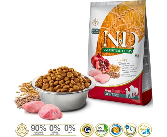 FARMINA N&D ANCESTRAL GRAIN DOG LIGHT - CHICKEN. SPELT.OATS AND POMEGRANATE ADULT MEDIUM & MAXI 12KG