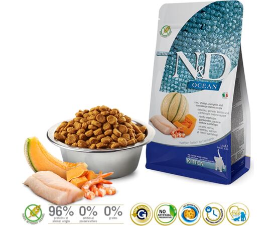 FARMINA N&D OCEAN CAT COD, SHRIMP, PUMPKIN AND CANTALOUPE MELON KITTEN - DRY CAT FOOD - 1.5 KG