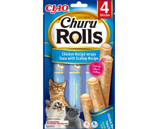 INABA CHURU ROLLS CHICKEN RECIPE WRAPS TUNA WITH SCALLOP RECIPE - CAT TREATS - 4X10 G
