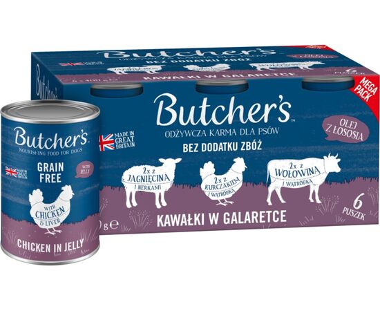 BUTCHER'S ORIGINAL RECIPE IN JELLY MIX SMAKÓW Z WĄTRÓBKĄ LUB NERKAMI KAWAŁKI W GALARETCE KARMA DLA PSA 6 X 400G