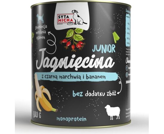 SYTA MICHA MOKRA KARMA DLA SZCZENIĄT JAGNIĘCINA Z CZARNĄ MARCHWIĄ I BANANEM 800G