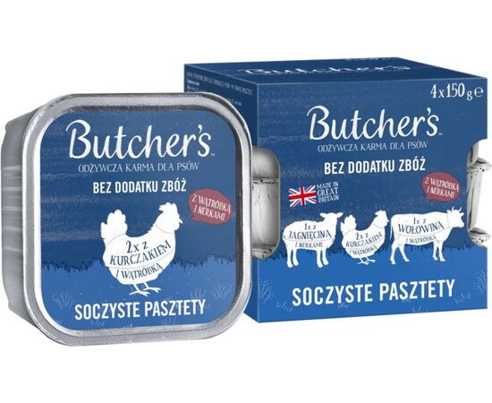 BUTCHER'S ORIGINAL MIX SMAKÓW SOCZYSTE PASZTETY Z WĄTRÓBKĄ LUB NERKAMI KARMA DLA PSA 4 X 150G