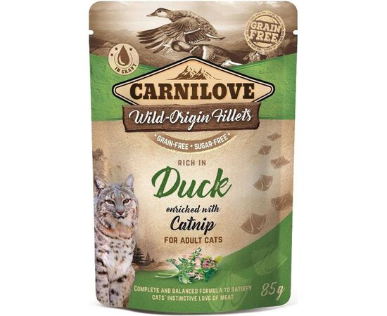 CARNILOVE CAT POUCH WET CAT FOOD DUCK, CATNIP 85 G