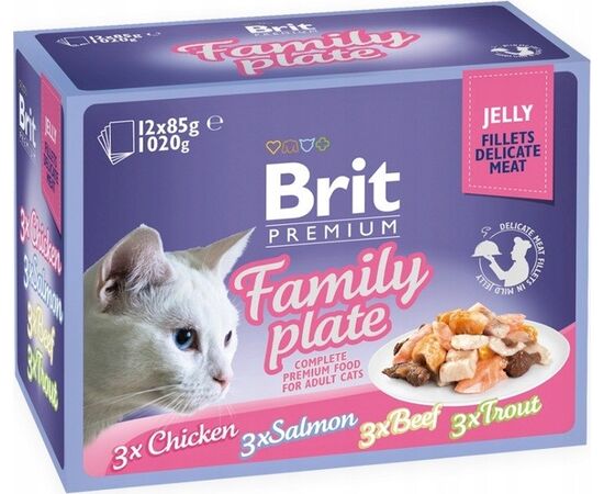 BRIT PREMIUM FAMILY PLATE FILLETS IN JELLY MIX OF FLAVORS - WET FOOD FOR CATS - 12X85G