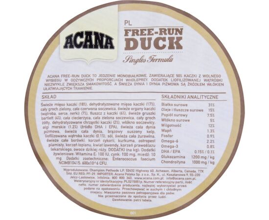 ACANA SINGLES FREE-RUN DUCK DRY DOG FOOD DUCK 2 KG