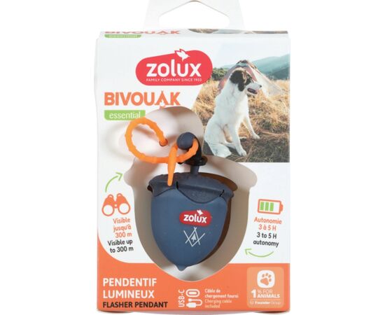 ZOLUX BIVOUAK LUMINOUS PENDANT FOR COLLAR WALNUT LED USB BLUE - DOG ADDRESS TAG - 6X4X3 CM