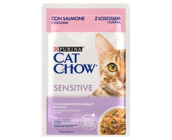 PURINA NESTLE PURINA CAT CHOW SENSITIVE WITH SALMON AND ZUCCHINI IN SAUCE - WET CAT FOOD - 26X85G (20 + 6 GRATIS)