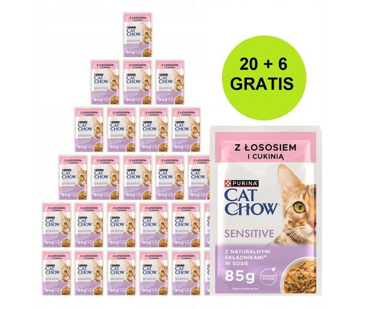 PURINA NESTLE PURINA CAT CHOW SENSITIVE WITH SALMON AND ZUCCHINI IN SAUCE - WET CAT FOOD - 26X85G (20 + 6 GRATIS)