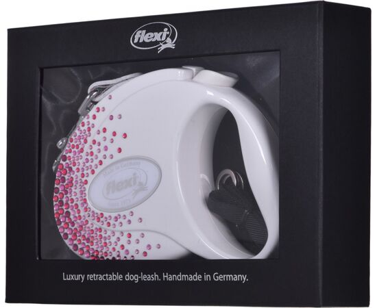 FLEXI GLAM SPLASH PINK WITH SWAROVSKI CRYSTALS M - DOG RETRACTABLE LEAD - 5 M - WHITE