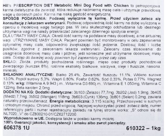HILL'S PRESCRIPTION DIET CANINE METABOLIC MINI DRY DOG FOOD CHICKEN 1 KG