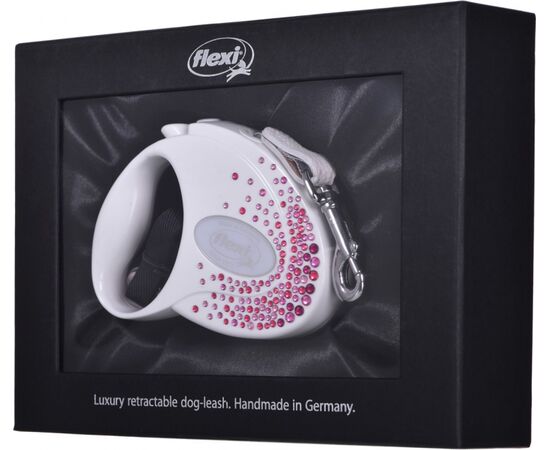 FLEXI GLAM SPLASH PINK WITH SWAROVSKI CRYSTALS S - DOG RETRACTABLE LEAD - 3 M - WHITE