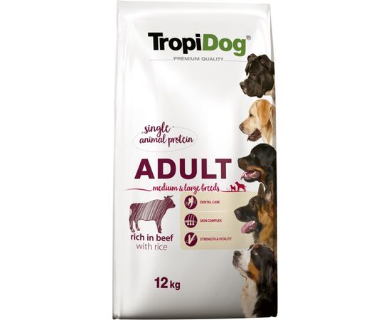 TROPIDOG PREMIUM ADULT MEDIUM & LARGE BEEF WITH RICE - DRY DOG FOOD - 12 KG