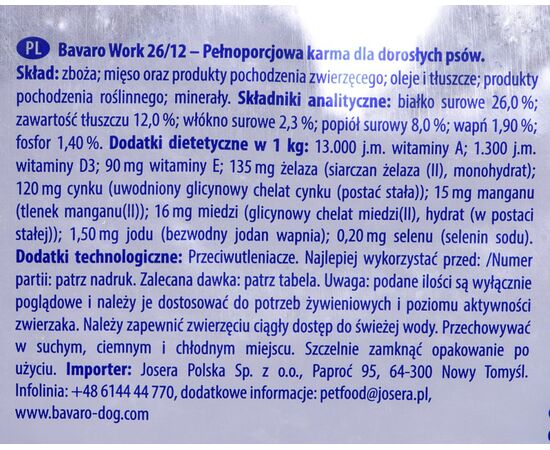 JOSERA BAVARO WORK ADULT 26/12 – 18KG 15 KG VEGETABLE