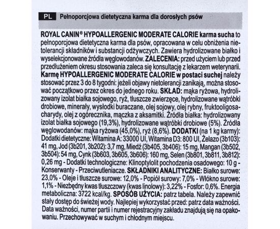 ROYAL CANIN HYPOALLERGENIC MOD CAL DOG DRY 14KG