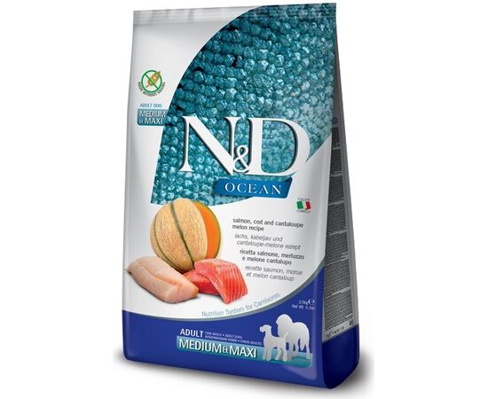 FARMINA N&D OCEAN DOG SALMON, COD, CANTALOUPE MELON ADULT MEDIUM&MAXI  - DRY DOG FOOD - 2.5 KG