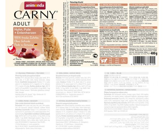 ANIMONDA CARNY ADULT FLAVOUR: CHICKEN. TURKEY. DUCK HEARTS - WET CAT FOOD - 400G